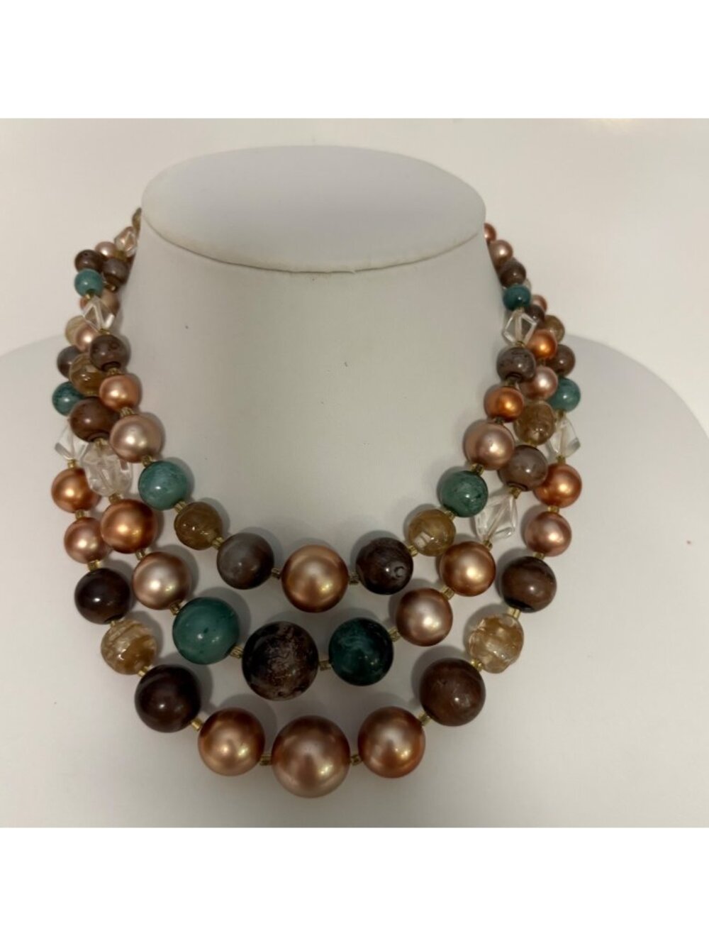Vintage Triple Strand Teal Brown Beaded Statement Necklace Boho Maximalist
